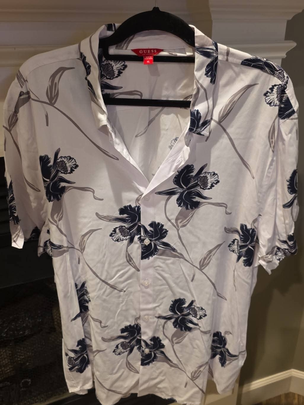 Guess Men’s White Button-Down Shirt with Navy Floral Print
